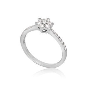 18ct White Gold Seven Stone Diamond Cluster & Graduated Shoulders Ring