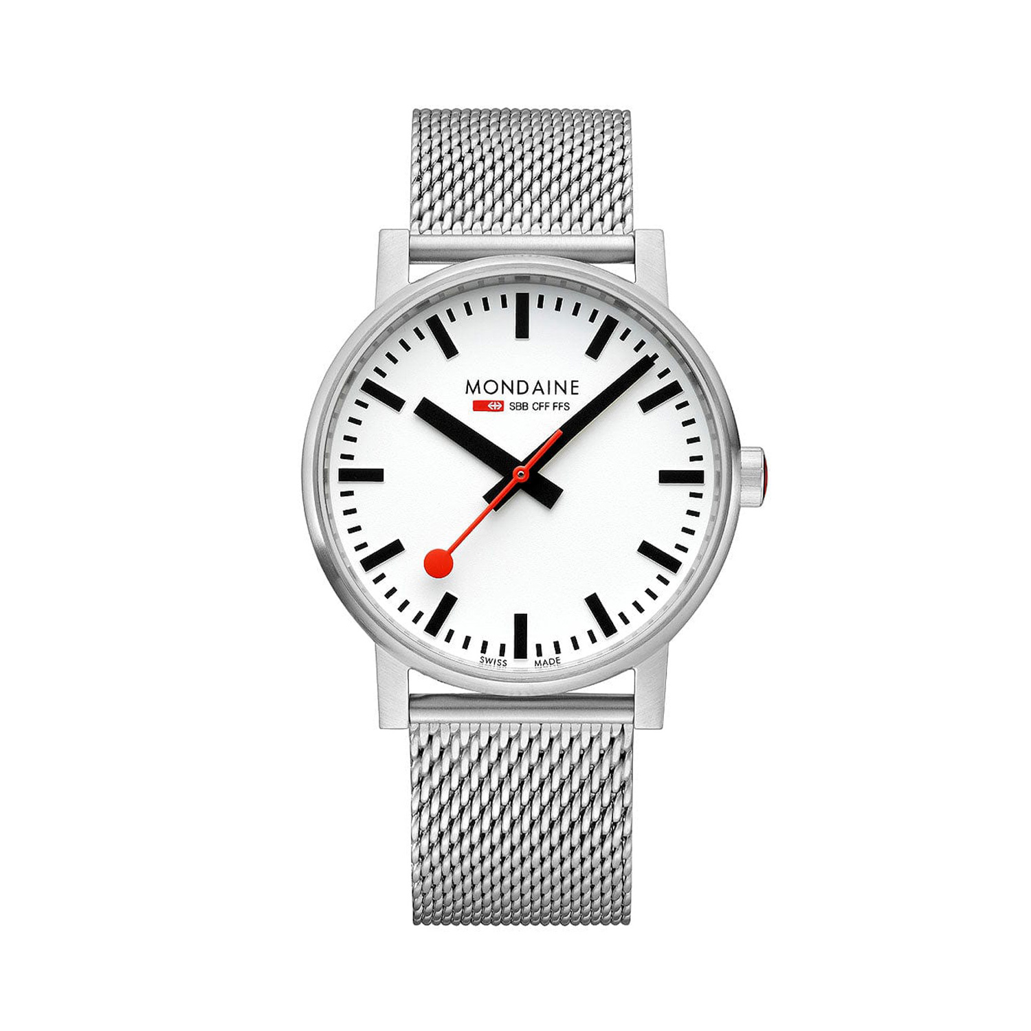 Mondaine, evo2 White Steel, Quartz Men's Watch Mondaine, evo2 with a 43mm stainless steel case and bracelet strap featuring a white dial.