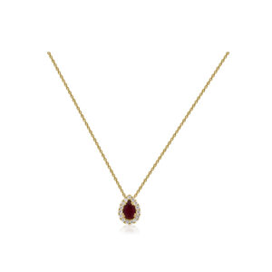18ct Yellow Gold Pear Shape Ruby and Diamond Cluster Pendant and Chain