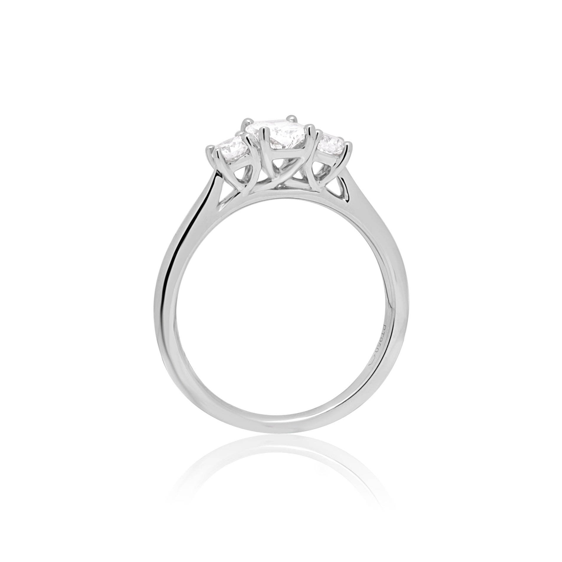 03-15-00104739 New platinum diamond three stone ring, facing forward and upright