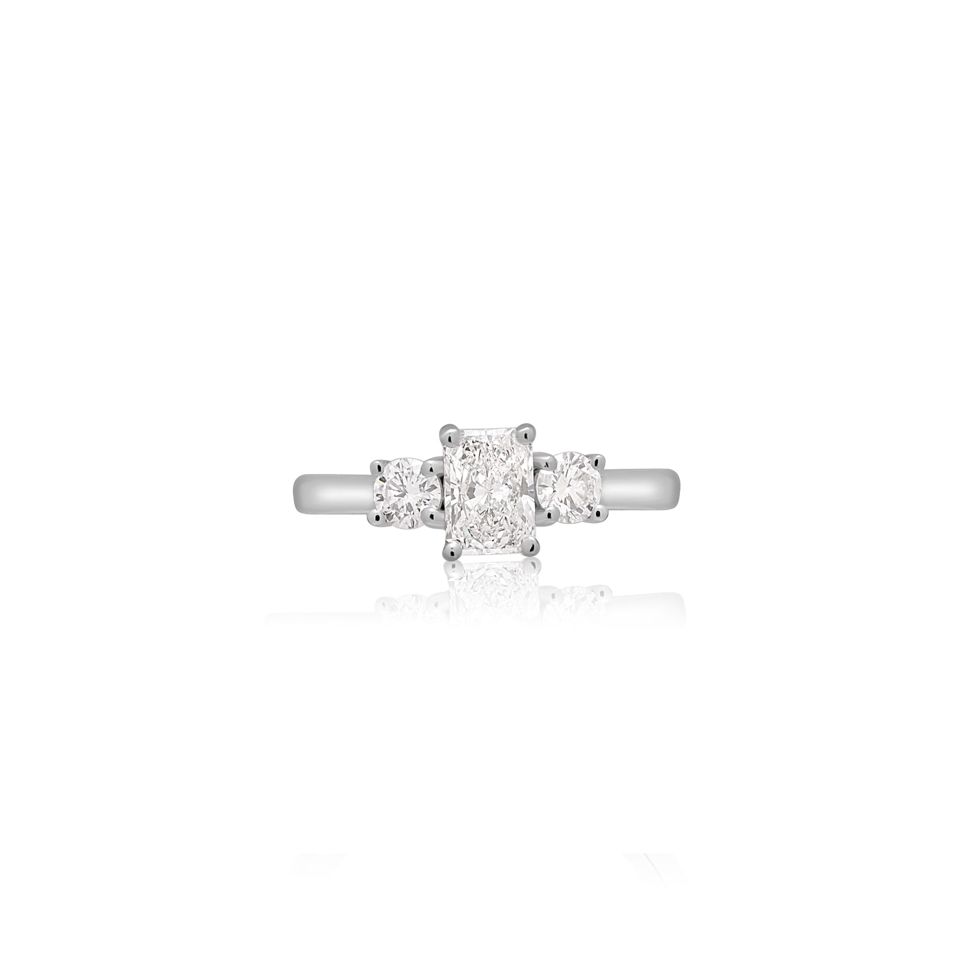03-15-00104739 New platinum three stone diamond ring, head on.