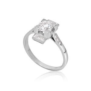 French Art Deco Old Brilliant Cut Diamond Ring with Diamond Set Shoulders