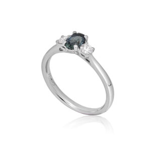 Platinum Oval Teal Sapphire and Diamond Three-Stone Ring