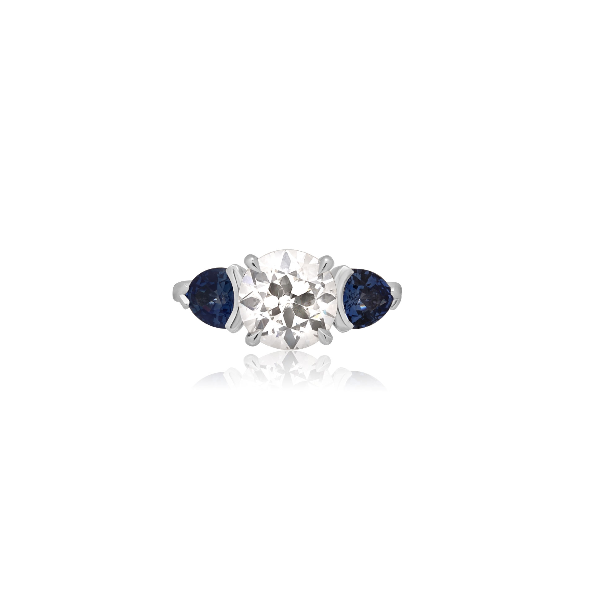 08-14-01105968 New, platinum diamond and sapphire ring, head on.
